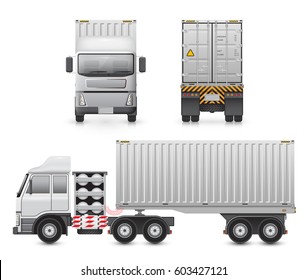 Cargo container on back trailer and towed by front tractor,  Cargo container or shipping container for shipment storage and transport goods product and raw material, Vector illustration design.