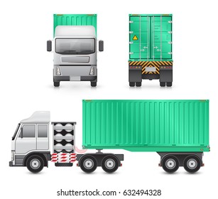 Cargo container on back trailer and towed by front tractor,  Cargo container or shipping container for shipment storage and transport goods product and raw material, Vector illustration design.