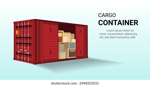 Cargo container with parcel box. Global business delivery logistics service, Shipping Container, Warehouse, Sea transportation, Logistics Cargo, Goods, Container transport. 3d Vector illustration