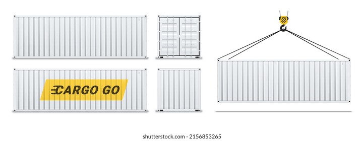 Cargo container realisic set. Collection of elements to create 3d object. Cargo transportation, globalization and international trade. Isometric vector illustrations isolated on white background