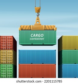 Cargo container realistic composition with outdoor view of underhung crane loading hanging cargo container on stack vector illustration