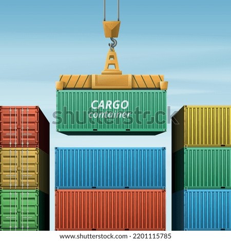 Cargo container realistic composition with outdoor view of underhung crane loading hanging cargo container on stack vector illustration