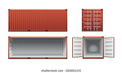 Cargo container realistic set with four isolated images of different angle views of long shipping container vector illustration