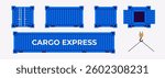 Cargo container set isolated. Box from different sides collection. Freight shipping container hanging on crane hook. Realistic design. Flat style vector illustration. Blue color.