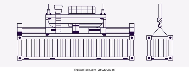 Cargo container set isolated. Box from different sides collection. Freight shipping container hanging on crane hook. Realistic design. Flat style vector illustration. White color.