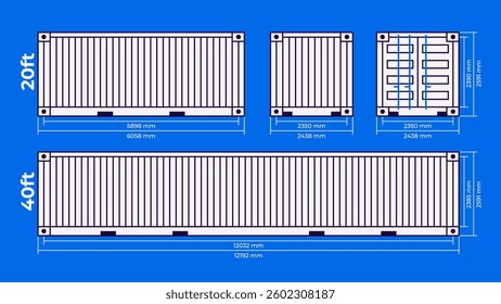 Cargo container set isolated. Box from different sides collection. Freight shipping container dimensions. 20ft and 40ft size. Realistic design. Flat style vector illustration. White color.