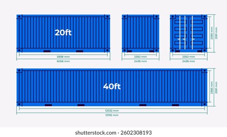 Cargo container set isolated. Box from different sides collection. Freight shipping container dimensions. 20ft and 40ft size. Realistic design. Flat style vector illustration. Blue color.