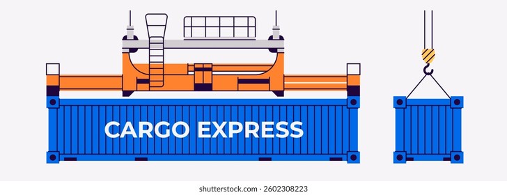 Cargo container set isolated. Box from different sides collection. Freight shipping container hanging on crane hook. Realistic design. Flat style vector illustration. Blue color.