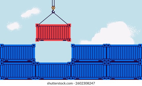 Cargo container set isolated. Box from different sides collection. Freight shipping container hanging on crane hook. Realistic design. Flat style vector illustration. Blue and red colors.