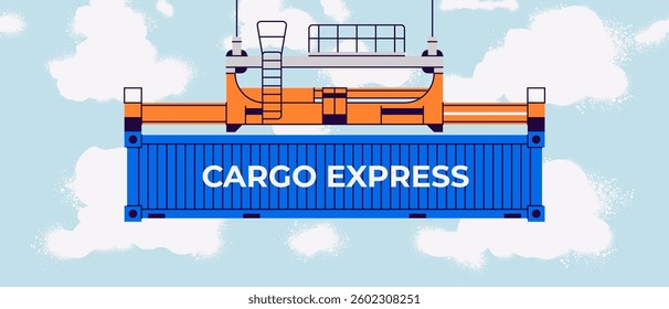 Cargo container set isolated. Box from different sides collection. Freight shipping container hanging on crane hook. Realistic design. Flat style vector illustration. Blue color.