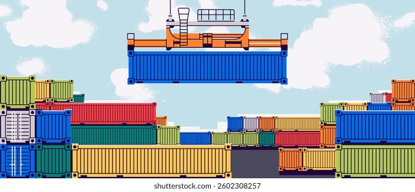 Cargo container set isolated. Box from different sides collection. Freight shipping container hanging on crane hook. Realistic design. Flat style vector illustration. Different colors.