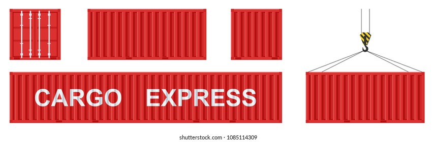 Cargo container set isolated on white background. Colorful box from different sides collection. Freight shipping container hanging on crane hook. Simple design. Flat style vector illustration.