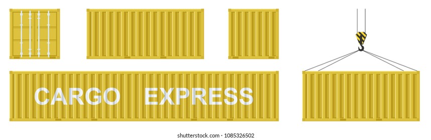 Cargo container set isolated on white background. Colorful box from different sides collection. Freight shipping container hanging on crane hook. Simple design. Flat style vector illustration.