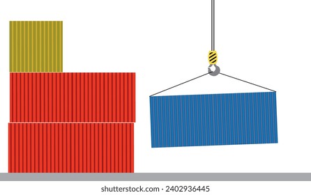 Cargo container set isolated on white background. Colorful box from different sides collection. Freight shipping container hanging on crane hook. 