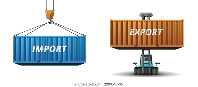 Cargo container set of two realistic images with import and export marked containers lifted and elevated vector illustration