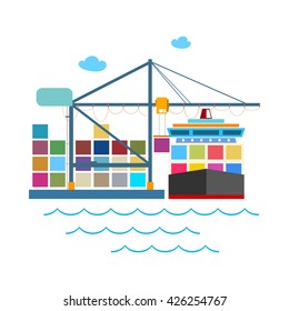 Cargo Container Ship at the Dock Isolated on White, Unloading Containers from a Vessel at a Seaport with Cargo Crane, International Freight Transportation,  Vector Illustration
