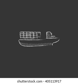 Cargo container ship. Drawn in chalk icon.