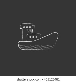 Barco de contenedores de carga. Dibujado en un icono de tiza.