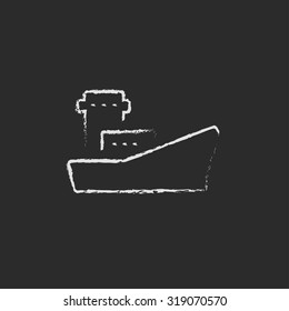 Cargo container ship hand drawn in chalk on a blackboard vector white icon isolated on a black background.