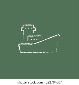 El contenedor de carga se dibuja mano en tiza sobre un icono blanco vectorial de pizarra aislado en un fondo verde.