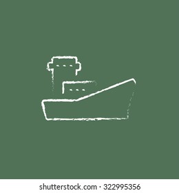 Cargo container ship hand drawn in chalk on a blackboard vector white icon isolated on a green background.