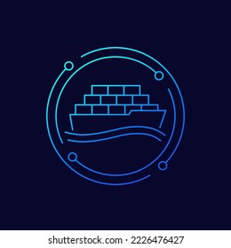 cargo container ship icon, maritime transport linear design