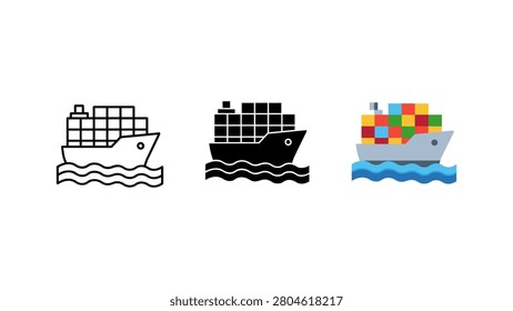 Cargo container ship icon set with logistics shipping container transport maritime delivery business transportati