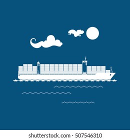 Cargo Container Ship Isolated on Blue Background, Industrial Marine Vessel with Containers on Board, International Freight Transportation, Vector Illustration 