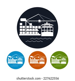 Cargo container ship and logistics icon, unloading containers from a cargo ship on the docks, four types of colorful round icons, vector illustration