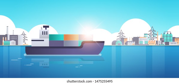 cargo container ship on the sea or ocean over factory buildings. Industrial zone with pipes and chimneys. Production technology concept horizontal flat