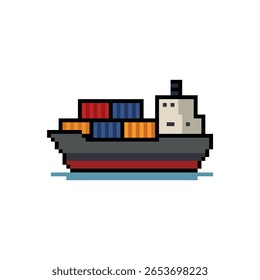 A cargo container ship rendered in 8-bit pixel art style. Perfect for trade, logistics, or shipping-themed games and vector kits.