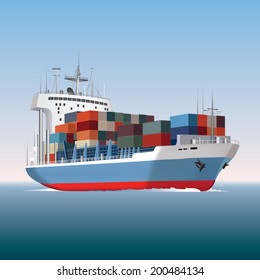 Cargo Container Ship Sailing. Vector Illustration