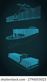 Cargo container ship technical drawing blueprint vector set: stylized vector illustration for logistics, shipping and maritime transport industry