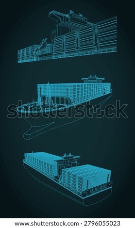 Cargo container ship technical drawing blueprint vector set: stylized vector illustration for logistics, shipping and maritime transport industry