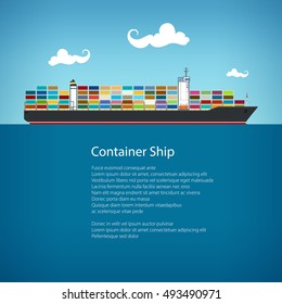 Cargo Container Ship and Text, Industrial Marine Vessel with Containers on Board, International Freight Transportation, Poster Brochure Flyer Design, Vector Illustration 