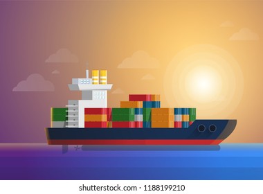 Cargo container ship transports containers at the blue ocean. Flat and solid color style vector illustration