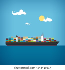 Cargo container ship transports containers at the blue ocean in a sunny day, vector illustration