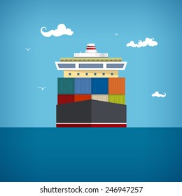 Cargo container ship transports containers at the blue ocean , vector illustration