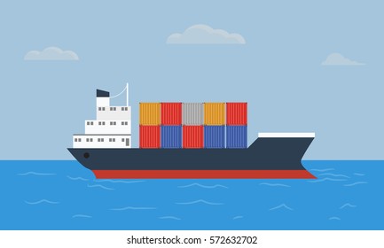 Cargo container ship transports containers at the blue ocean. Flat and solid color style vector illustration