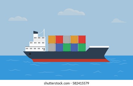 Vektor Stok Cargo Container Ship Transports Containers Blue (Tanpa ...