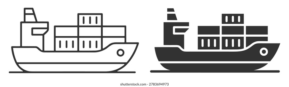 cargo container ship vector icon set with filled and outline styles on transparent background