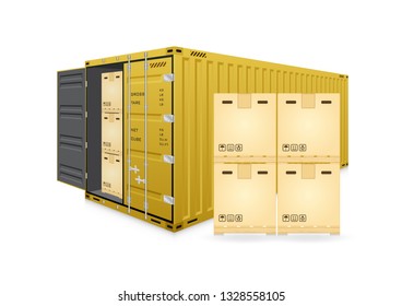 Cargo container or shipping container with cardboard box for shipment storage and transport goods product and raw material between location or country, International trade equipment to exchange goods.