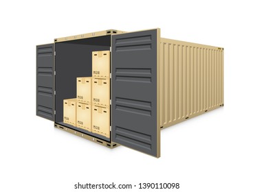 Cargo container or shipping container with cardboard box for shipment storage and transport goods product and raw material between location or country, International trade equipment to exchange goods.