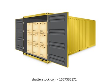 Cargo container or shipping container with cardboard box for shipment storage and transport goods product and raw material between location or country, International trade equipment to exchange goods.