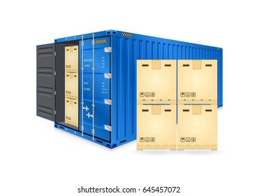 Cargo container or shipping container with cardboard box for shipment storage and transport goods product and raw material between location or country, International trade equipment to exchange goods.