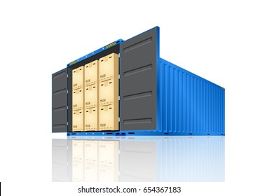 Cargo container or shipping container with cardboard box for shipment storage and transport goods product and raw material between location or country, International trade equipment to exchange goods.