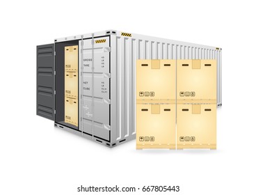 Cargo container or shipping container with cardboard box for shipment storage and transport goods product and raw material between location or country, International trade equipment to exchange goods.