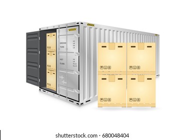 Cargo container or shipping container with cardboard box for shipment storage and transport goods product and raw material between location or country, International trade equipment to exchange goods.