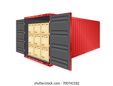 Cargo container or shipping container with cardboard box for shipment storage and transport goods product and raw material between location or country, International trade equipment to exchange goods.