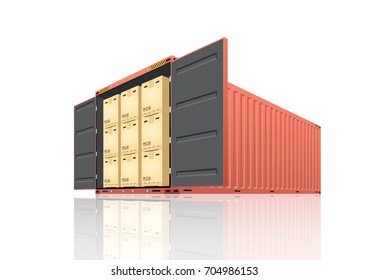 Cargo container or shipping container with cardboard box for shipment storage and transport goods product and raw material between location or country, International trade equipment to exchange goods.